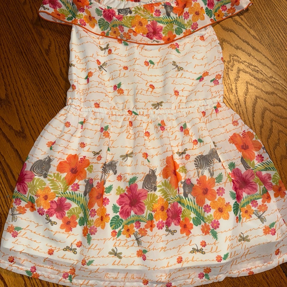 Girls White Floral Off-Shoulder Dress with Orange & Pink Blooms